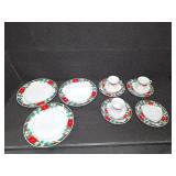 Deck The Halls Dinner Set Poinsettia & Holly w/Box TIENSHAN (Incomplete)