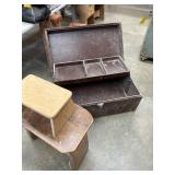 Wooden Storage Chest with Removable Tray and Two Wooden Stools
