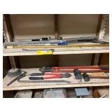 Construction Tools, Hard Hats, Accessories, and Hardware on Shelving Unit