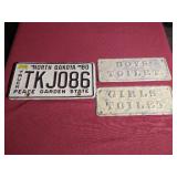 Vintage ND License Plate & (2) Metal Bathroom Signs