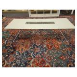 Modern Cocktail Table with a wood grain design, inset glass panel and chrome legs. Made by Fjords Furniture of Norway.