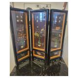 An Oriental Table Top 3 Panel Glass Front Jade Folding Screen.