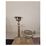 A Silver Raised Design Plant Stand with an angel and flowers, and a handled Vase / Bowl.