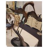 A group of items for sale: Large Brass Crane Bird, Cast Iron Dog, Decorative Box etc.