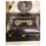 A group of items for sale: Large Brass Crane Bird, Cast Iron Dog, Decorative Box etc.