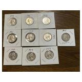 9 Silver Washington Quarters & 1 1943 Canadian Silver Quarter