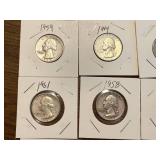 9 Silver Washington Quarters & 1 1943 Canadian Silver Quarter
