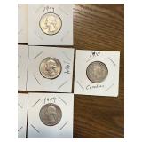 9 Silver Washington Quarters & 1 1943 Canadian Silver Quarter