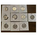 9 Silver Washington Quarters & 1 1943 Canadian Silver Quarter
