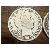 2 - 1908 Barber Half Dollars