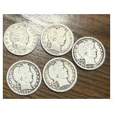 5 Barber Silver Quarters