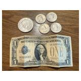 1928 A Silver Certificate, 1971 Ike Dollar & 4 Susan B Dollar Coins
