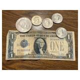 1928 A Silver Certificate, 1971 Ike Dollar & 4 Susan B Dollar Coins