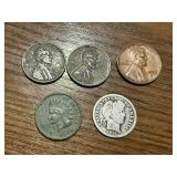 1916 Barber Dime, 1890 Indian Head Penny, 2 1943 Steel Wheat Pennies & 1958D Wheat Penny