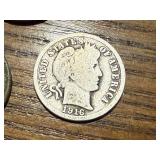 1916 Barber Dime, 1890 Indian Head Penny, 2 1943 Steel Wheat Pennies & 1958D Wheat Penny