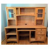 ML - Large Oak Computer Desk and Hutch with Glass Cabinets