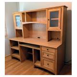 ML - Large Oak Computer Desk and Hutch with Glass Cabinets