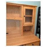 ML - Large Oak Computer Desk and Hutch with Glass Cabinets