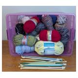 ML - Assorted Yarn and Knitting Needle Collection in Storage Bin