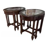 FR - Pair of Glass Top Wood Side Tables