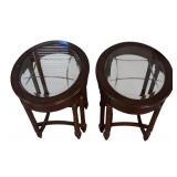 FR - Pair of Glass Top Wood Side Tables