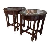 FR - Pair of Glass Top Wood Side Tables