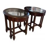 FR - Pair of Glass Top Wood Side Tables
