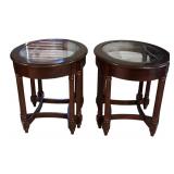 FR - Pair of Glass Top Wood Side Tables