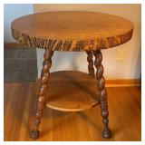 LR - Antique Round Oak Accent Table with Barley Twist Legs