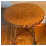 LR - Antique Round Oak Accent Table with Barley Twist Legs