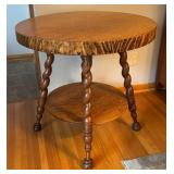 LR - Antique Round Oak Accent Table with Barley Twist Legs