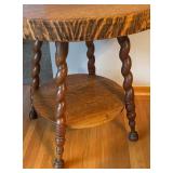 LR - Antique Round Oak Accent Table with Barley Twist Legs