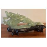 LR - Vintage Jade Dragon Sculpture with Carved Wood Stand