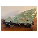LR - Vintage Jade Dragon Sculpture with Carved Wood Stand