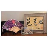 LR - Decorative Set with Framed Asian Print, Floral Fan and Rock Arrangement