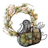 LR - Chicken Wire Basket with Faux Eggs and Pastel Egg Wreath