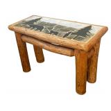 K - Rustic Tile Top Accent Table with Bear and Pine Tree Design