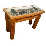 K - Rustic Tile Top Accent Table with Bear and Pine Tree Design