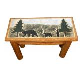 K - Rustic Tile Top Accent Table with Bear and Pine Tree Design