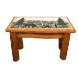K - Rustic Tile Top Accent Table with Bear and Pine Tree Design