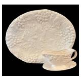 LR - Vietri White Embossed Grape Platter and Gravy Boat with Under Plate