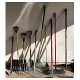 G - Collection of Garden Tools Including Shovels, Rakes, Brooms, Hoe and More