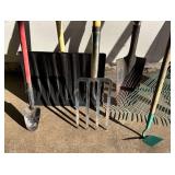 G - Collection of Garden Tools Including Shovels, Rakes, Brooms, Hoe and More