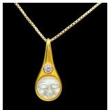 18k Gold Moonstone Cameo Pendant with Diamond and 14k 20" Chain