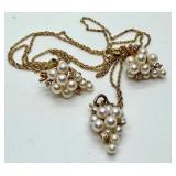 14k Gold Pearl and Diamond Grape Cluster Necklace and Earring Set, 19 Inch Chain