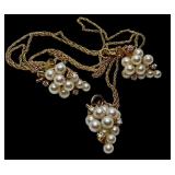 14k Gold Pearl and Diamond Grape Cluster Necklace and Earring Set, 19 Inch Chain