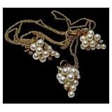 14k Gold Pearl and Diamond Grape Cluster Necklace and Earring Set, 19 Inch Chain