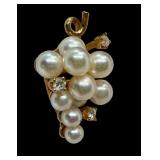 14k Gold Pearl and Diamond Grape Cluster Necklace and Earring Set, 19 Inch Chain