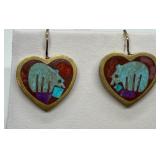 Pair of Heart-Shaped Inlaid Bear Motif Earrings with Brass Setting