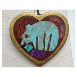 Pair of Heart-Shaped Inlaid Bear Motif Earrings with Brass Setting